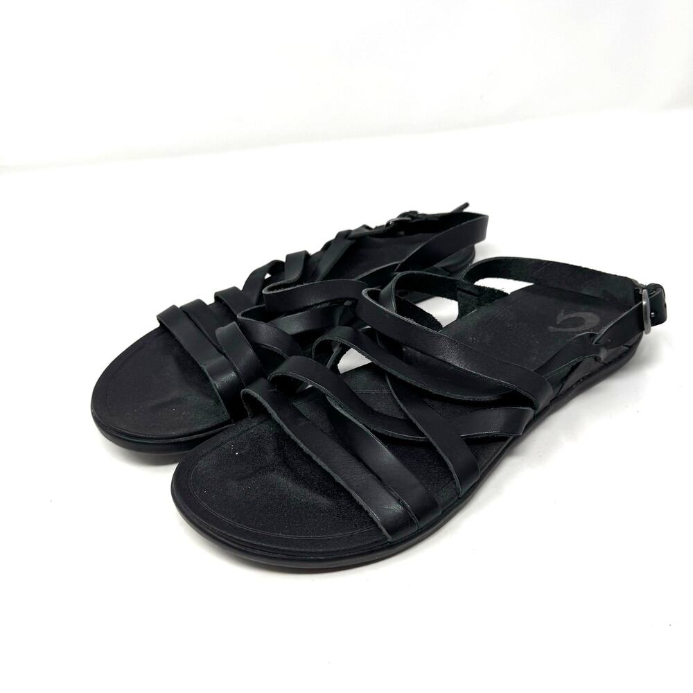 Olukai Awe Awe Strappy Leather Sandals Womens 10 Black Comfort Walking Casual
